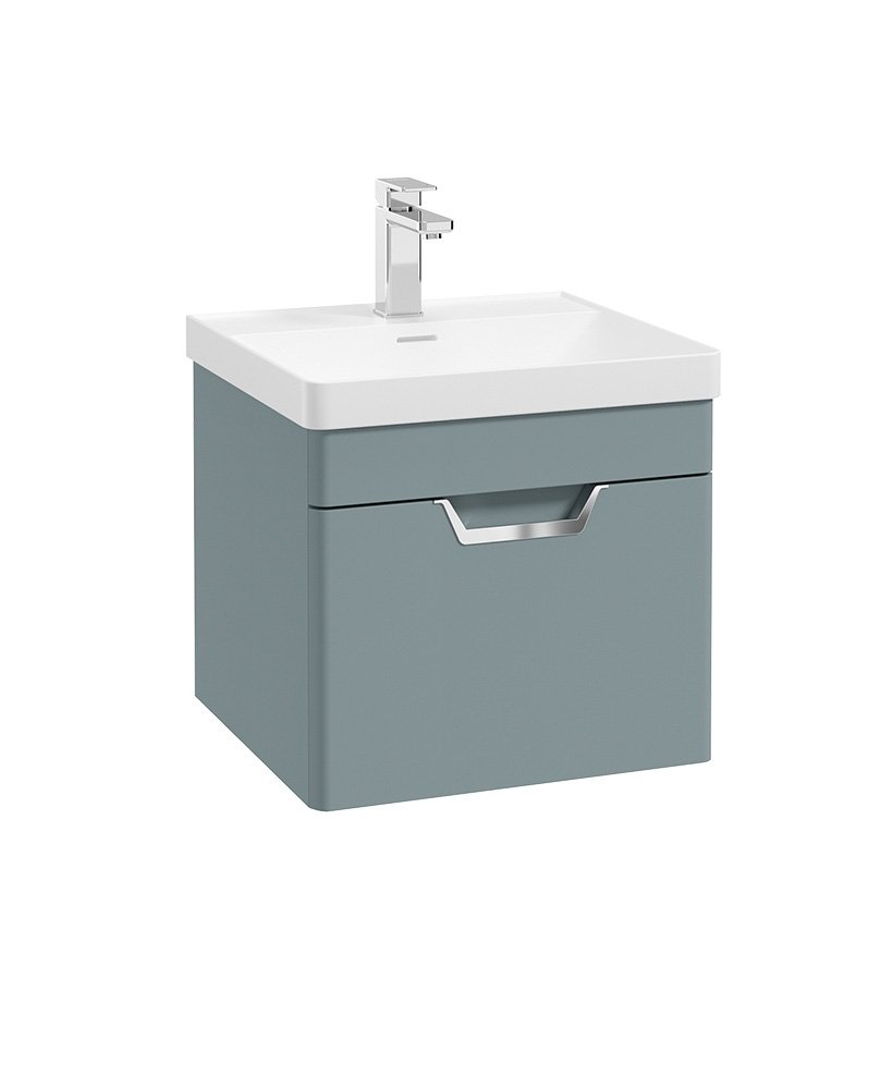 FREYA 50CM 1 DRAWER WALL HUNG VANITY UNIT MATT CORAL GREEN-BRUSHED CHROME HANDLE