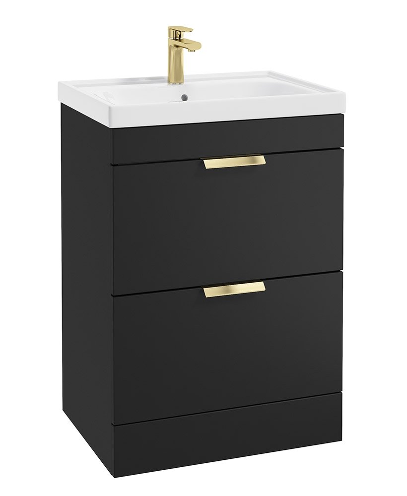 STOCKHOLM 60CM TWO DRAWER FLOOR STANDING MATT BLACK VANITY UNIT -BRUSHED GOLD HANDLES