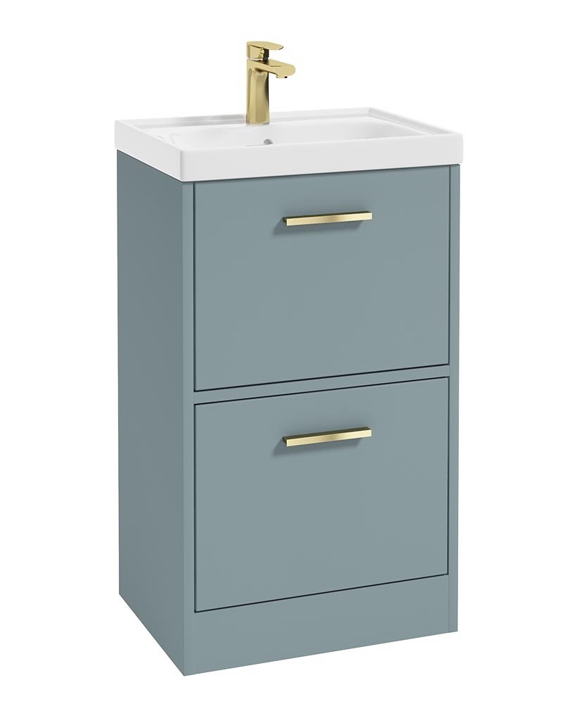 FINLAND 50CM TWO DRAWER MATT CORAL GREEN FLOOR STANDING VANITY UNIT - BRUSHED GOLD HANDLE