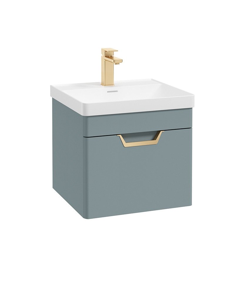 FREYA 50CM 1 DRAWER WALL HUNG VANITY UNIT MATT CORAL GREEN-BRUSHED GOLD HANDLE