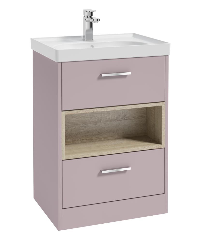MALMO 60CM TWO DRAWER FLOOR STANDING CASHMERE PINK MATT VANITY UNIT MATT BASIN - BRUSHED CHROME HANDLE