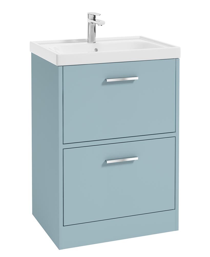 FINLAND 60CM TWO DRAWER MORNING SKY BLUE MATT FLOOR STANDING VANITY UNIT - BRUSHED CHROME HANDLE