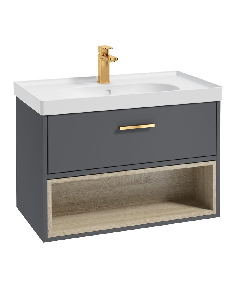MALMO 80CM SINGLE DRAWER, OPEN SHELF UNIT, MIDNIGHT GREY, BRUSHED GOLD HANDLE, MATT BASIN
