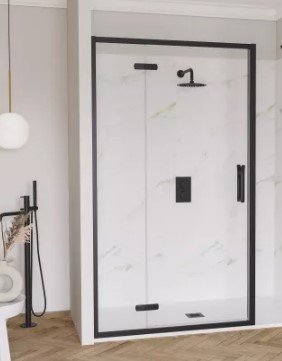 FLAIR ETO HINGED DOOR 1400MM MATT BLACK WITH CLEAR GLASS COMPLETE