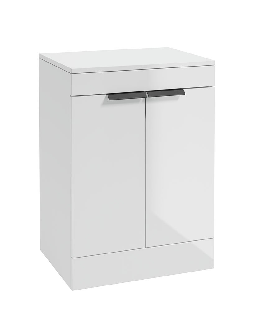 STOCKHOLM GLOSS WHITE 60CM 2 DOOR COUNTERTOP FLOOR STANDING VANITY UNIT - MATT BLACK HANDLE