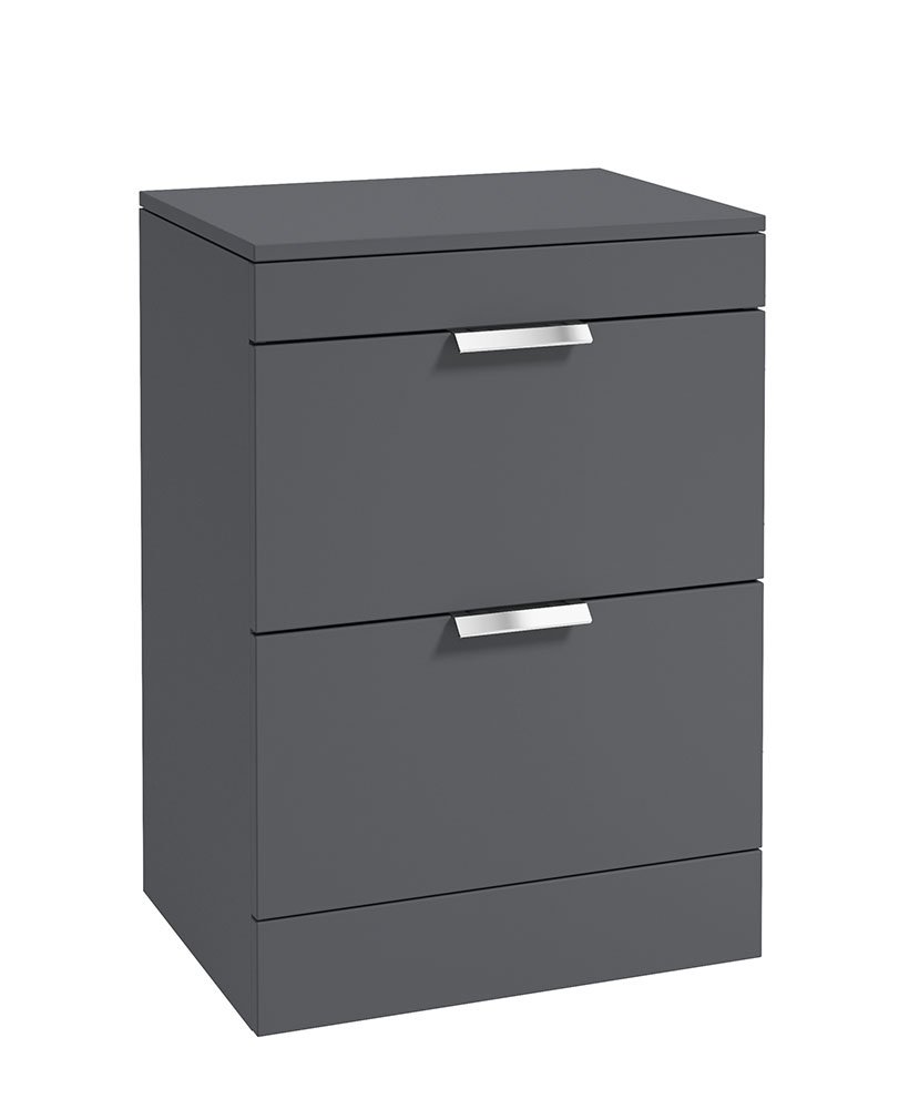 STOCKHOLM MIDNIGHT GREY MATT 60CM 2 DRAWER COUNTERTOP FLOOR STANDING VANITY UNIT - BRUSHED CHROME HANDLE