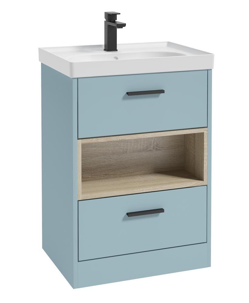 MALMO 60CM TWO DRAWER FLOOR STANDING MORNING SKY BLUE MATT VANITY UNIT MATT BASIN - MATT BLACK HANDLE
