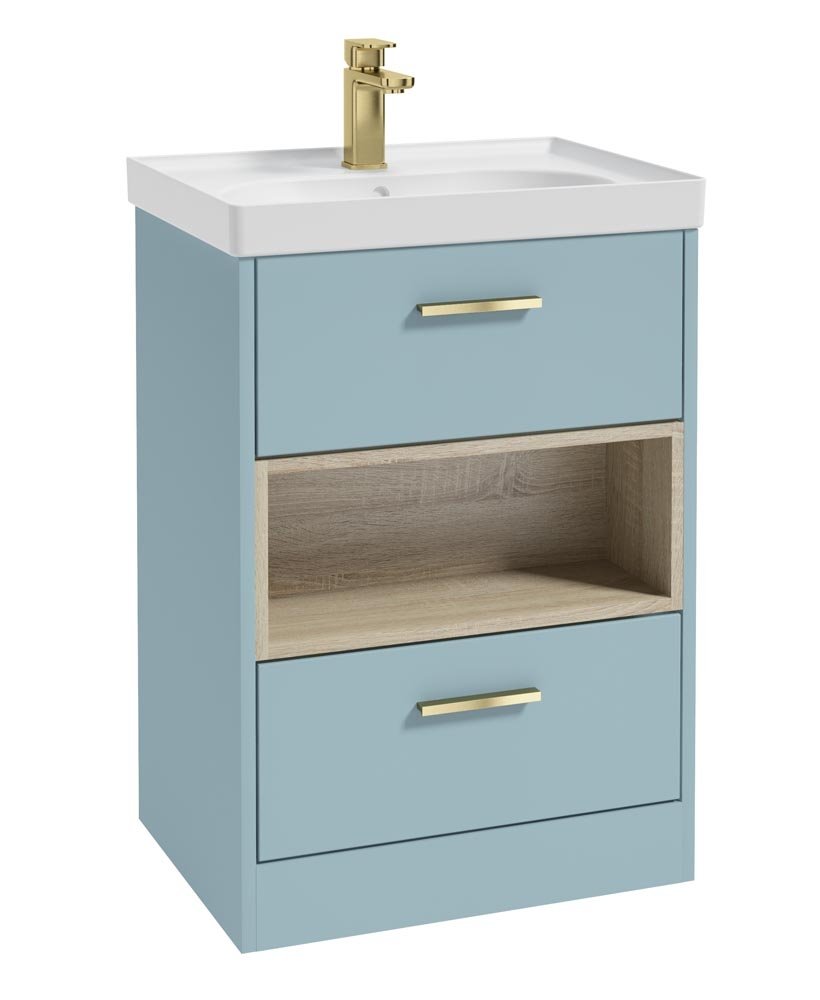 MALMO 60CM TWO DRAWER FLOOR STANDING MORNING SKY BLUE MATT VANITY UNIT MATT BASIN - BRUSHED GOLD HANDLE