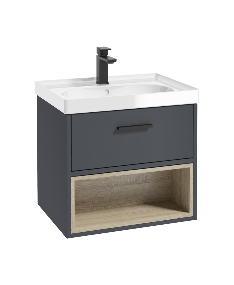 MALMO 60CM SINGLE DRAWER, OPEN SHELF UNIT, MATT NIGHT SKY BLUE, BLACK HANDLE, GLOSS BASIN
