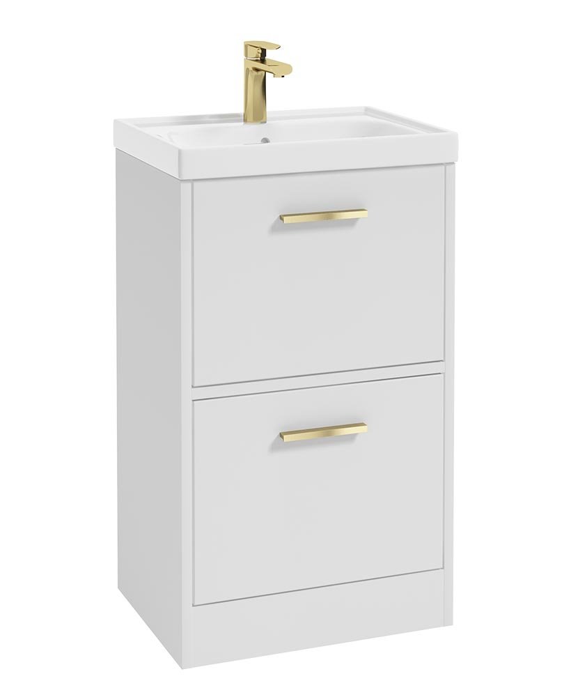 FINLAND 50CM TWO DRAWER MATT WHITE FLOOR STANDING VANITY UNIT - BRUSHED GOLD HANDLE