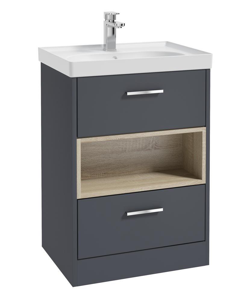 MALMO 60CM TWO DRAWER FLOOR STANDING NIGHT SKY BLUE MATT VANITY UNIT MATT BASIN - BRUSHED CHROME HANDLE