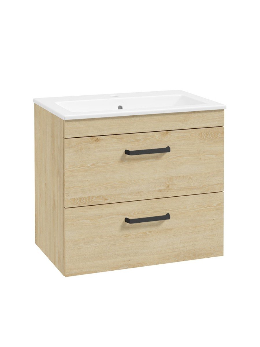 CORTA Wall Hung 60cm Two Drawer Unit Honey Oak-Black Handles