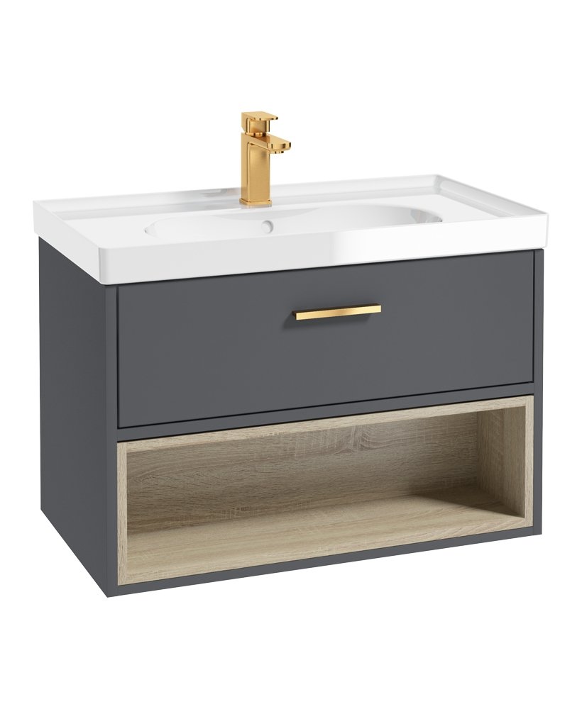 MALMO 80CM SINGLE DRAWER, OPEN SHELF UNIT, MIDNIGHT GREY, BRUSHED GOLD HANDLE, GLOSS BASIN