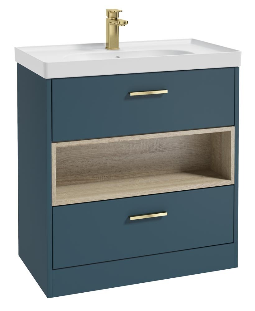 MALMO 80CM TWO DRAWER FLOOR STANDING OCEAN BLUE MATT VANITY UNIT MATT BASIN - BRUSHED GOLD HANDLE