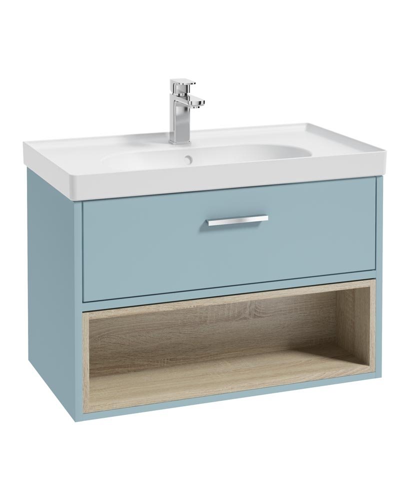 MALMO 80CM SINGLE DRAWER OPEN SHELF MORNING SKY BLUE MATT VANITY UNIT MATT BASIN - BRUSHED CHROME HANDLE