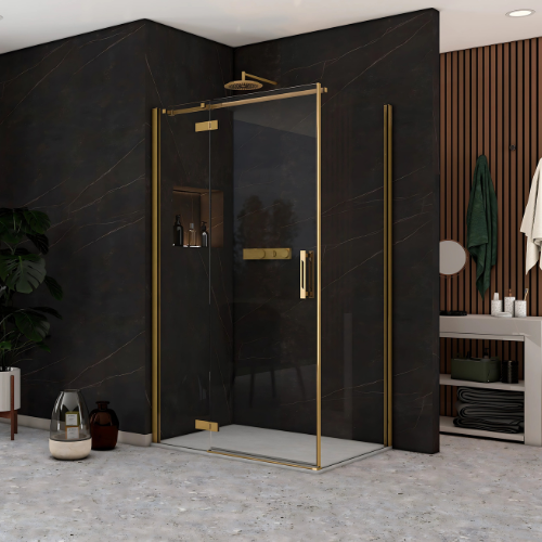 IMAGE i9 1100 HINGE & INLINE LEFT HAND (WITH SIDE PANEL) BRUSHED BRASS