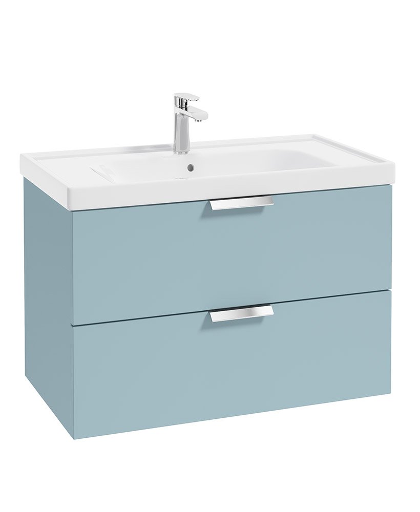 STOCKHOLM 80CM TWO DRAWER WALL HUNG MORNING SKY BLUE MATT VANITY UNIT - BRUSHED CHROME HANDLES