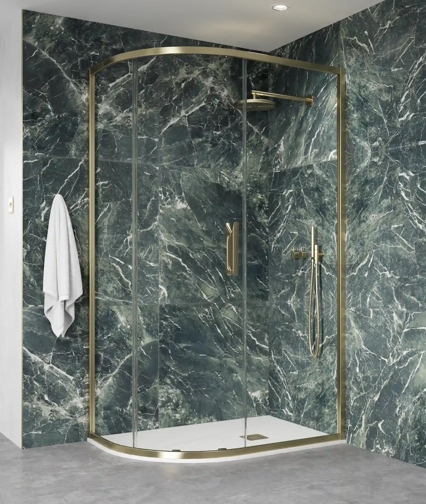 FLAIR ETO SINGLE CENTRE OPEN QUADRANT 1000 X 800MM BRUSHED BRASS WITH CLEAR GLASS 2 PART COMPLETE