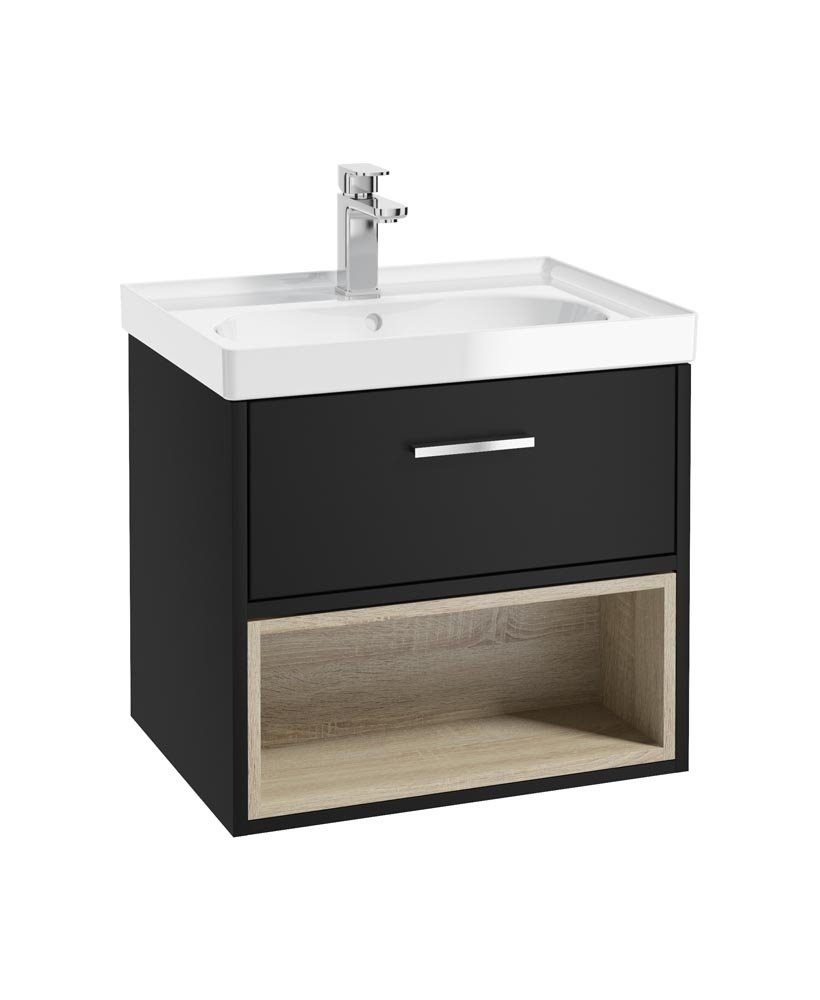 MALMO 60CM SINGLE DRAWER OPEN SHELF MATT BLACK VANITY UNIT GLOSS BASIN - BRUSHED CHROME HANDLE