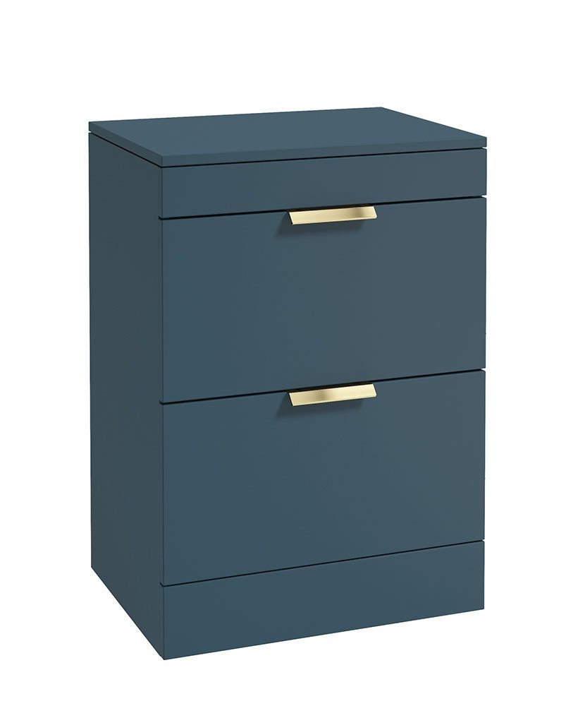 STOCKHOLM OCEAN BLUE MATT 60CM 2 DRAWER COUNTERTOP FLOOR STANDING VANITY UNIT - BRUSHED GOLD  HANDLE