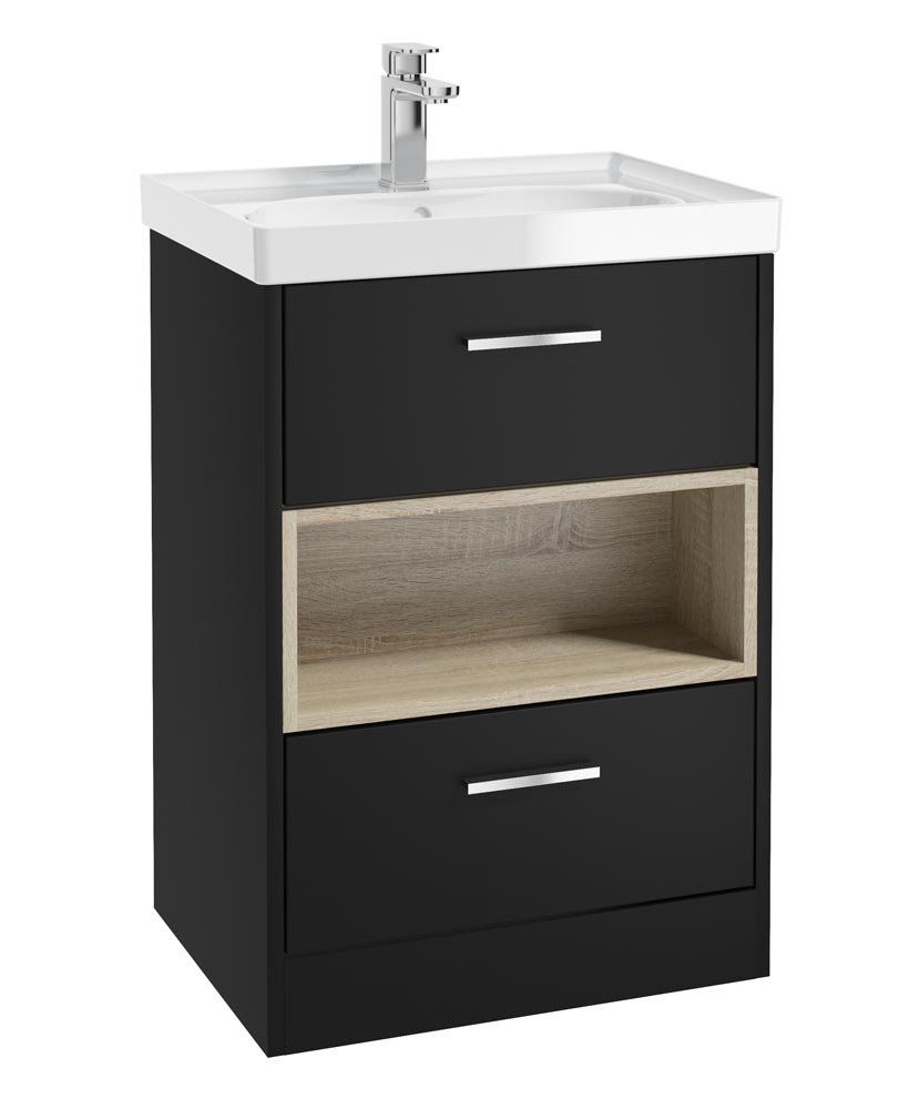 MALMO 60CM TWO DRAWER FLOOR STANDING MATT BLACK VANITY UNIT GLOSS BASIN - BRUSHED CHROME HANDLE