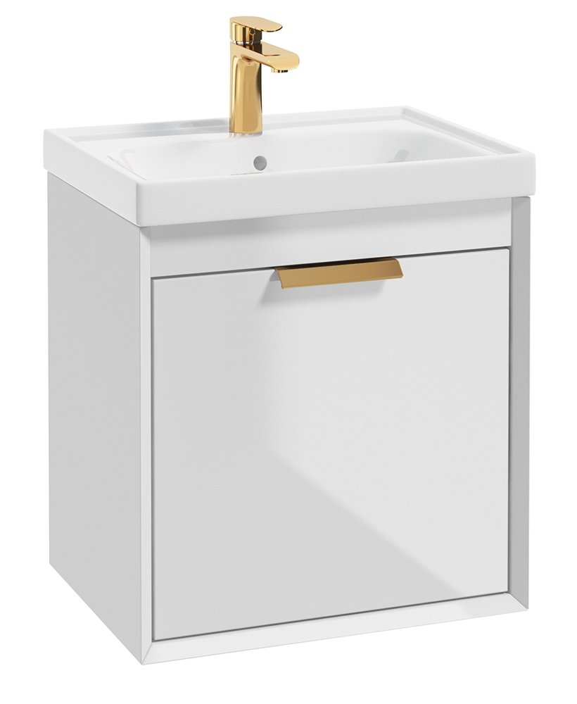 FJORD GLOSS WHITE 50CM WALL HUNG VANITY UNIT-BRUSHED GOLD HANDLE