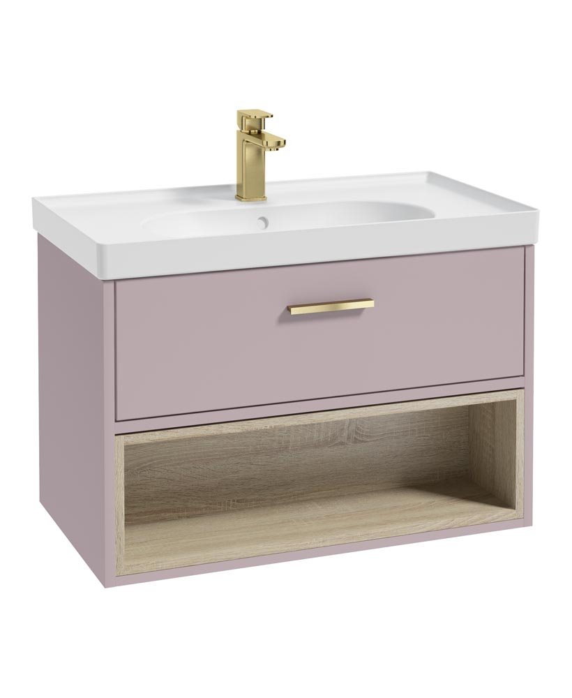 MALMO 80CM SINGLE DRAWER OPEN SHELF CASHMERE PINK MATT VANITY UNIT MATT BASIN - BRUSHED GOLD HANDLE