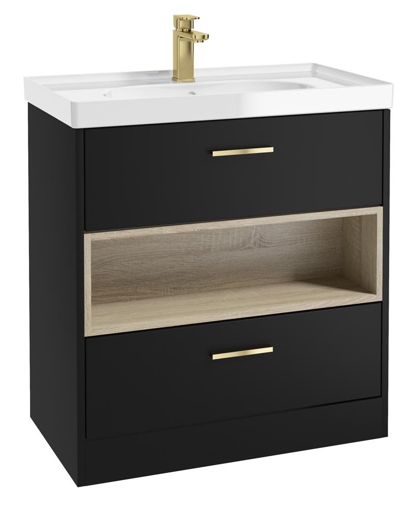 MALMO 80CM TWO DRAWER FLOOR STANDING MATT BLACK VANITY UNIT GLOSS BASIN - BRUSHED GOLD HANDLE