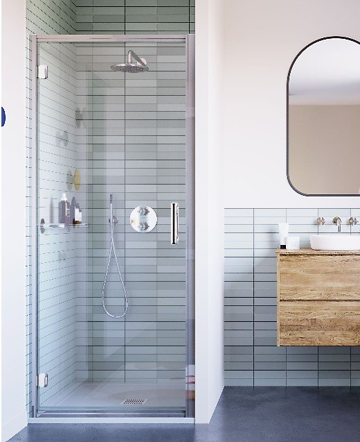 FLAIR BABY ILI HINGED DOOR 900MM SILVER WITH CLEAR GLASS 1800MM HIGH