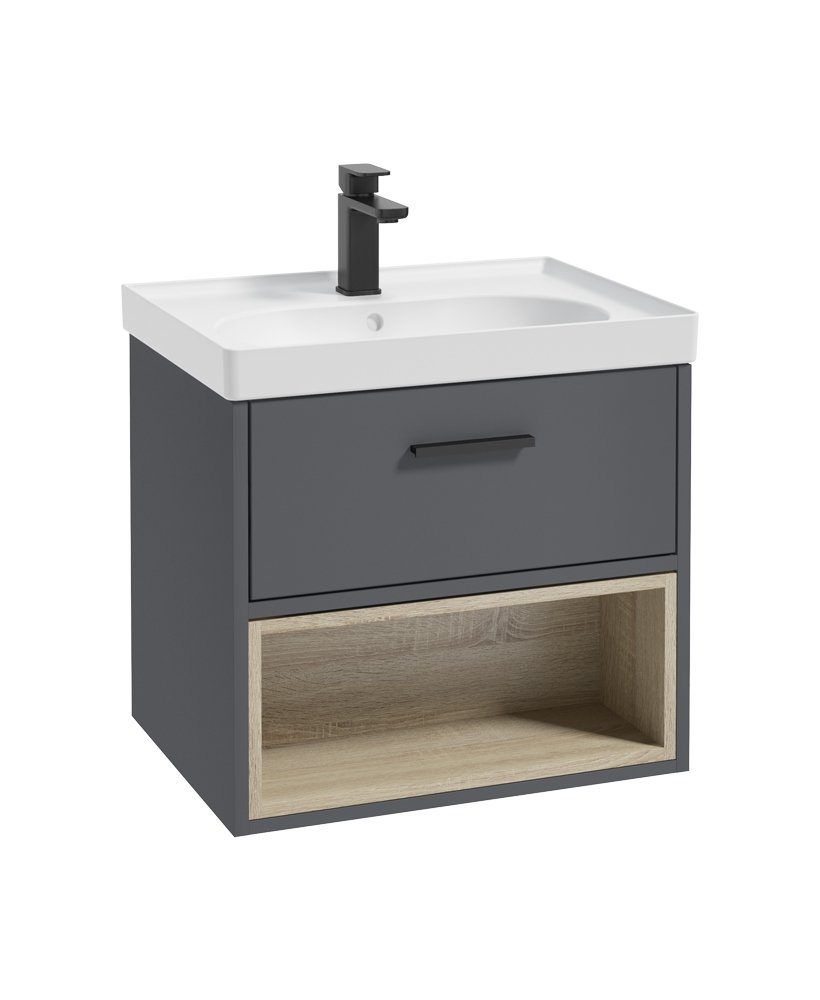 MALMO 60CM SINGLE DRAWER, OPEN SHELF UNIT, MIDNIGHT GREY, BLACK HANDLE, MATT BASIN