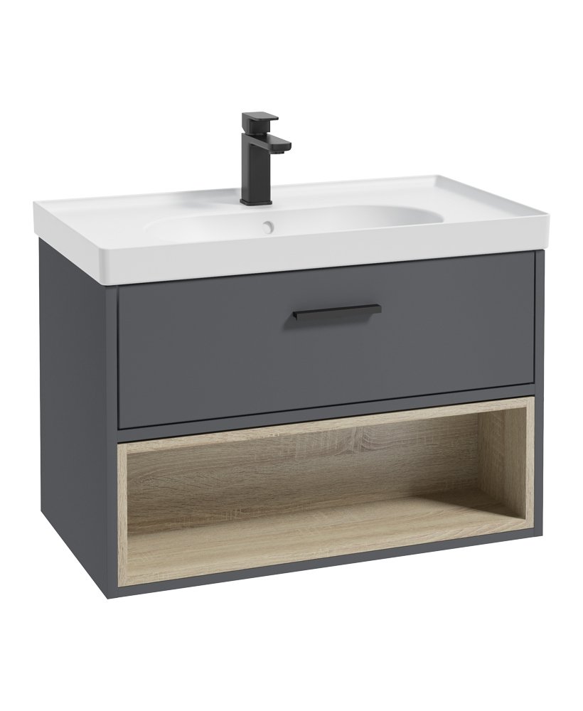 MALMO 80CM SINGLE DRAWER, OPEN SHELF UNIT, MIDNIGHT GREY, BLACK HANDLE, MATT BASIN