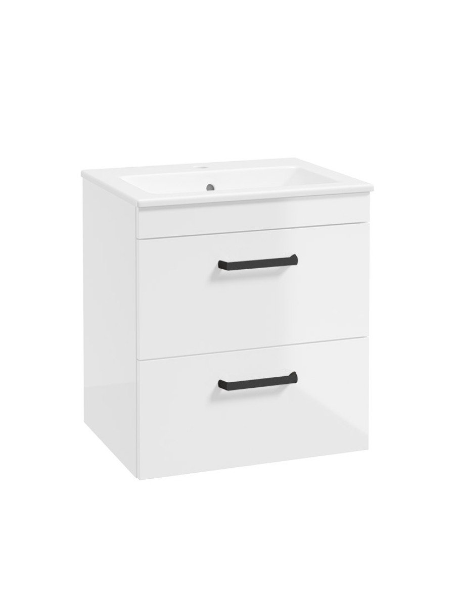 CORTA Wall Hung 50cm Two Drawer Unit Gloss White-Black Handles