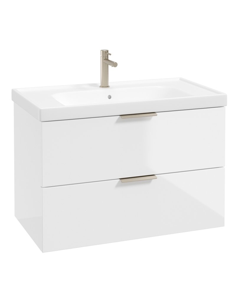 STOCKHOLM WALL HUNG 80CM TWO DRAWER VANITY UNIT GLOSS WHITE - BRUSHED NICKEL HANDLE
