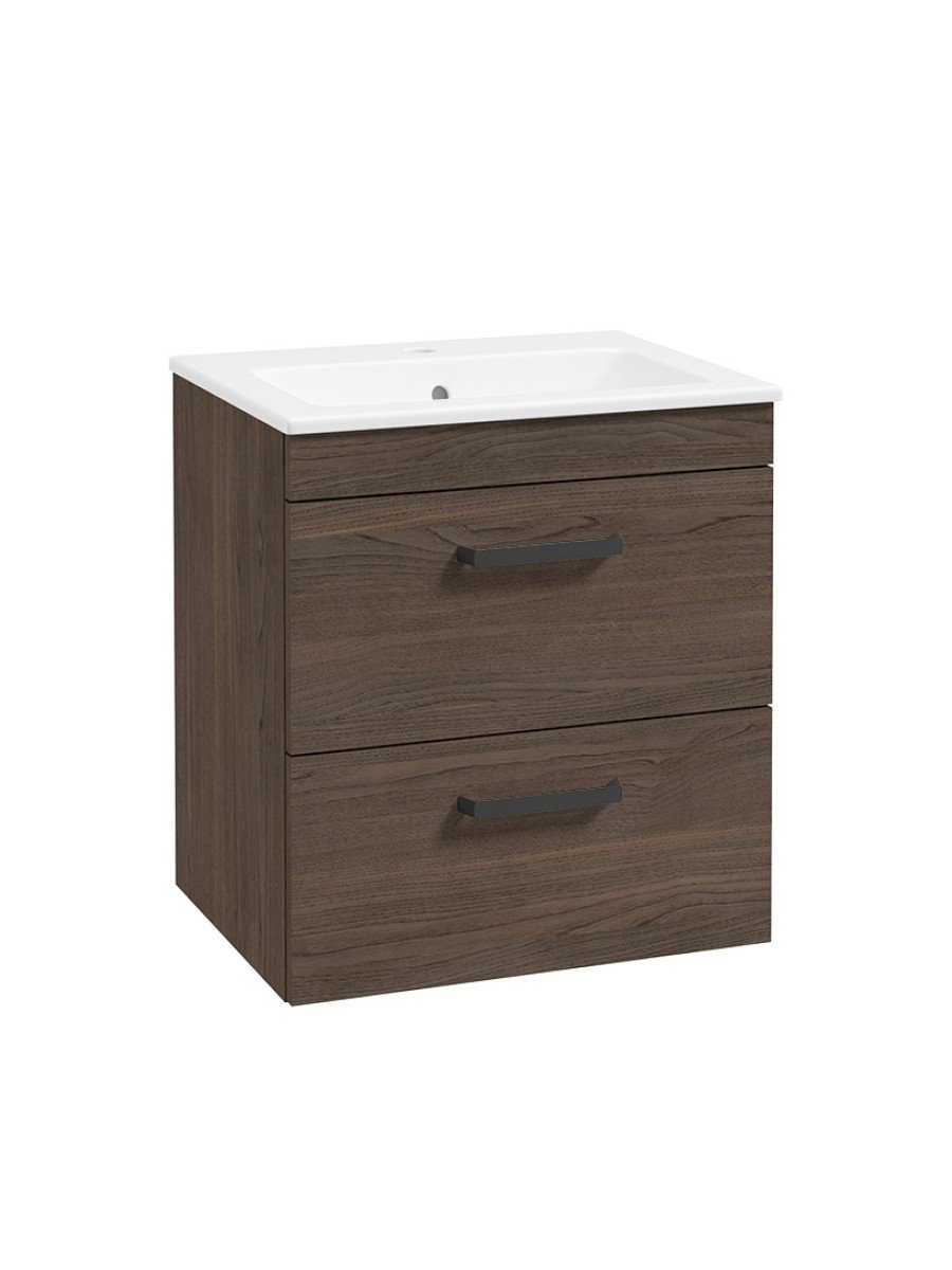 CORTA Wall Hung 50cm Two Drawer Unit Sable Ash-Black Handles