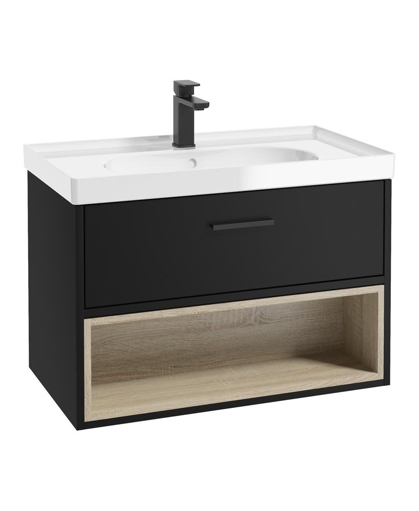 MALMO 80CM SINGLE DRAWER OPEN SHELF MATT BLACK VANITY UNIT GLOSS BASIN - MATT BLACK HANDLE
