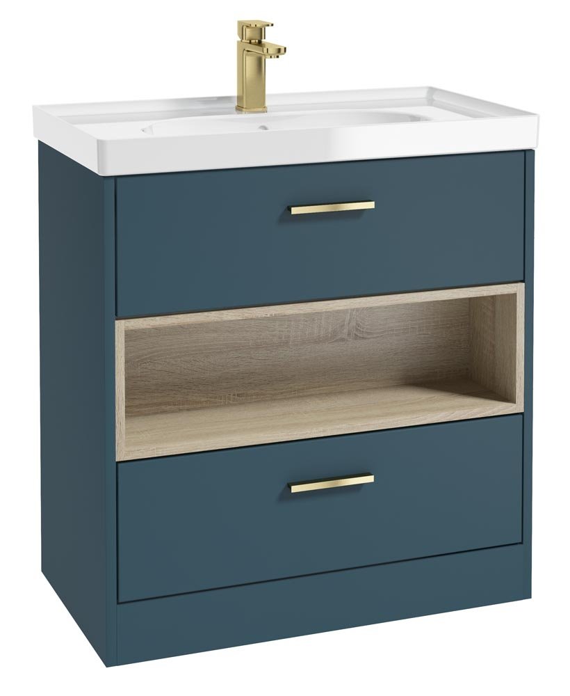 MALMO 80CM TWO DRAWER FLOOR STANDING OCEAN BLUE MATT VANITY UNIT GLOSS BASIN - BRUSHED GOLD HANDLE