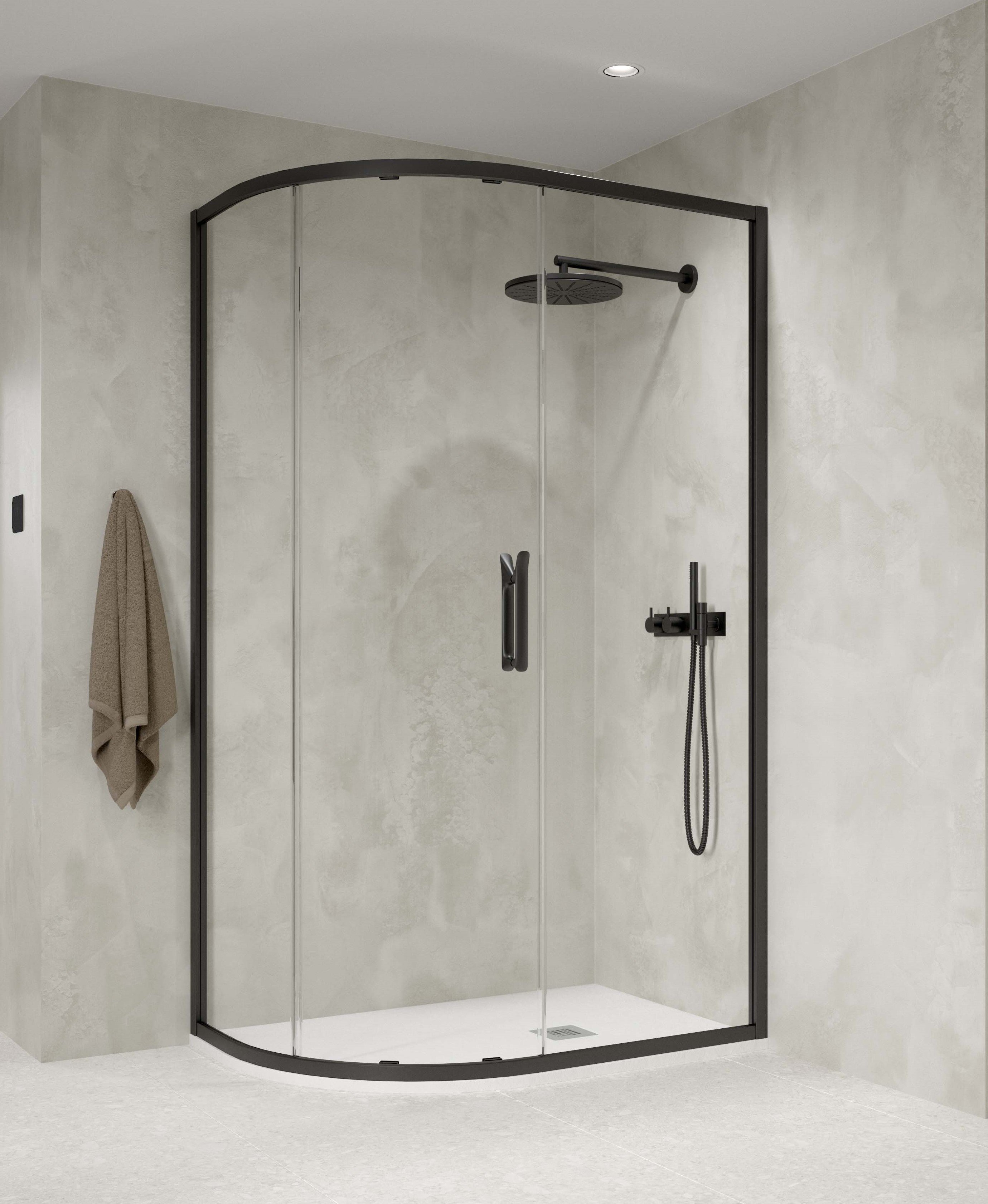 FLAIR ETO SINGLE CENTRE OPEN QUADRANT 1200X800MM MATT BLACK WITH CLEAR GLASS COMPLETE