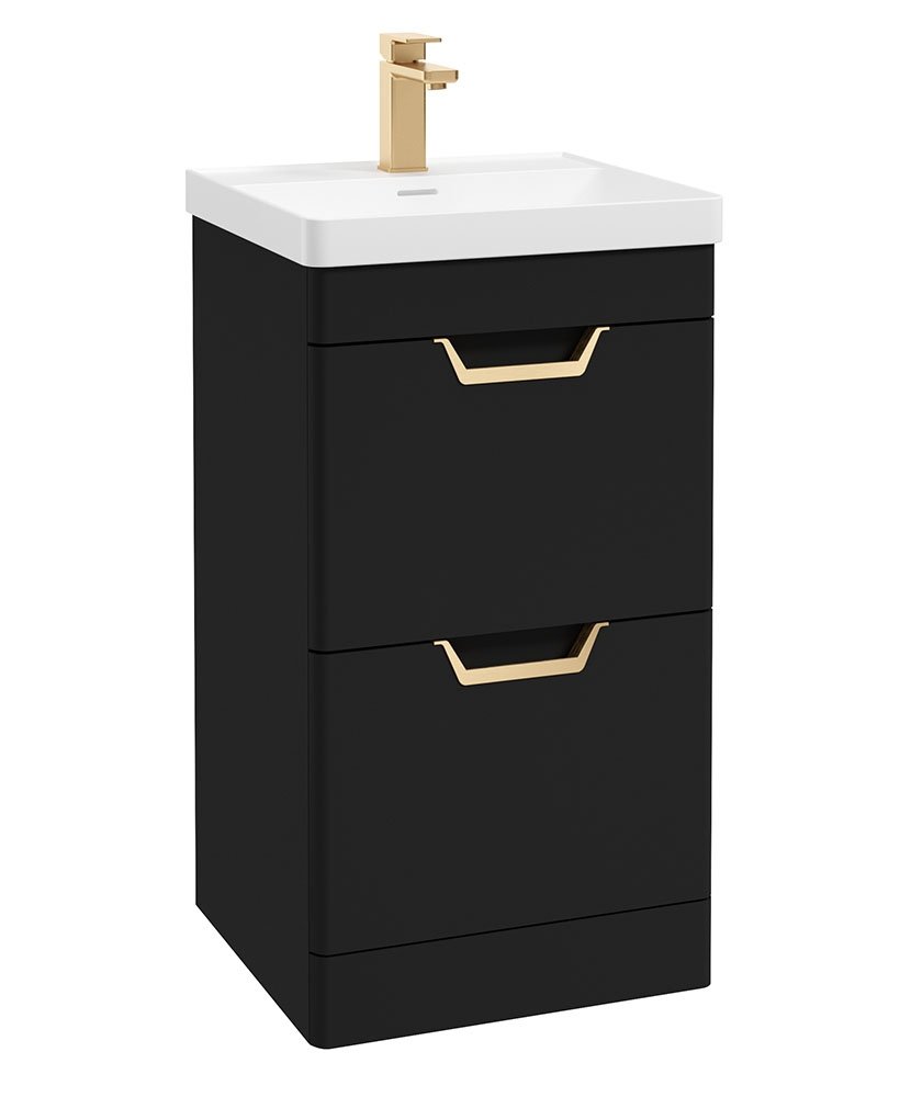 FREYA 50CM TWO DRAWER MATT BLACK FLOOR STANDING VANITY UNIT -  GOLD HANDLES