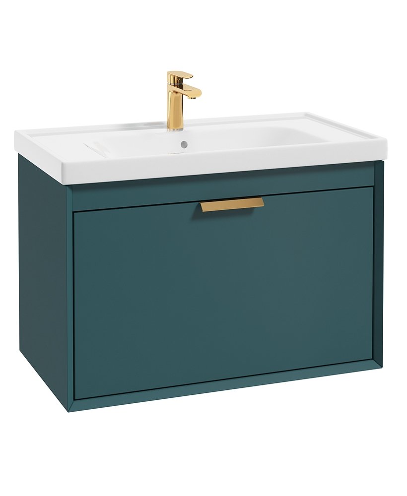 FJORD OCEAN BLUE MATT  80CM WALL HUNG VANITY UNIT-BRUSHED GOLD HANDLE