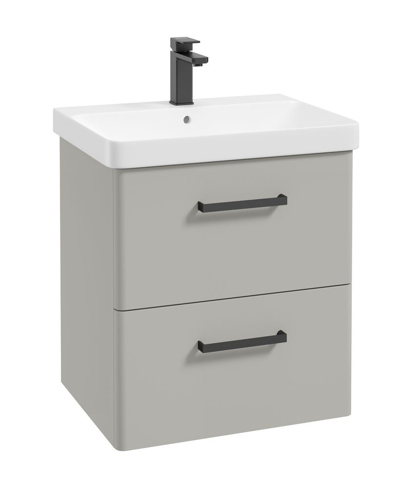 KORA  60cm Wall Hung 2 Drawer Vanity Unit Matt Arctic Grey-Black Handles