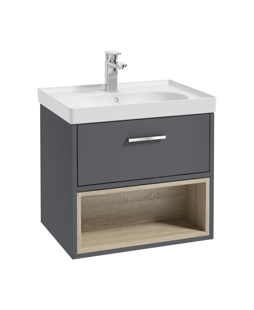 MALMO 60CM SINGLE DRAWER, OPEN SHELF UNIT, MIDNIGHT GREY, CHROME HANDLE, MATT BASIN