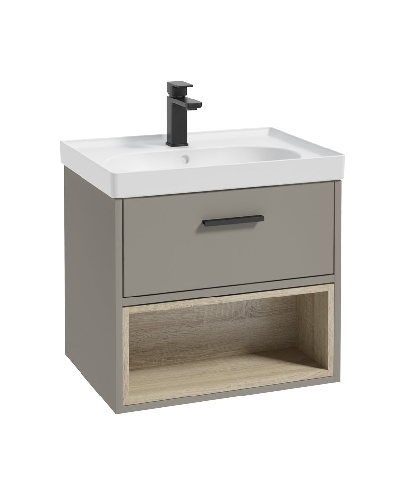 MALMO 60CM SINGLE DRAWER, OPEN SHELF UNIT, KHAKI, BLACK HANDLE, MATT BASIN
