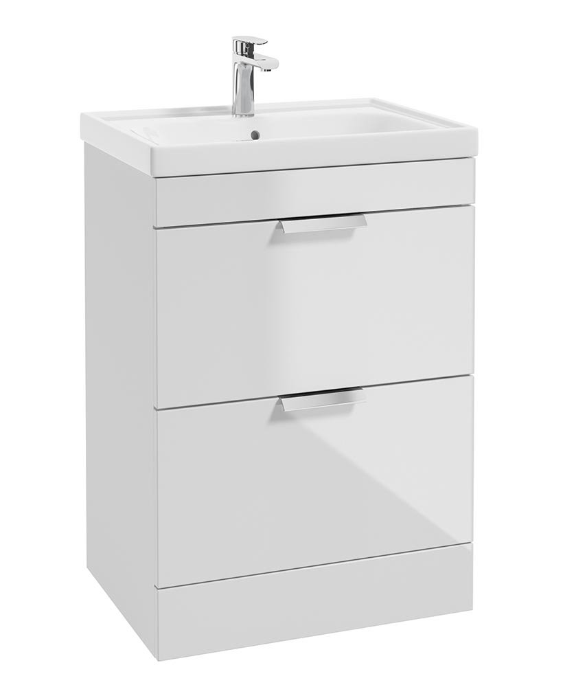 STOCKHOLM GLOSS WHITE 60CM 2 DRAWER FLOOR STANDING VANITY UNIT - BRUSHED CHROME HANDLE