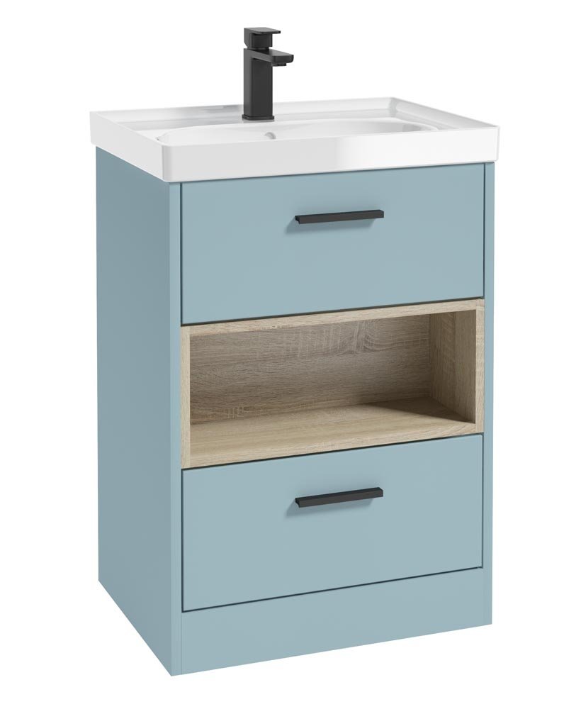 MALMO 60CM TWO DRAWER FLOOR STANDING MORNING SKY BLUE MATT VANITY UNIT GLOSS BASIN - MATT BLACK HANDLE