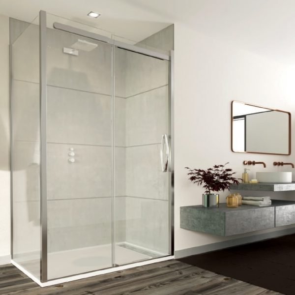 ORO SLIDER DOOR 160CM LEFT HAND BRIGHT SILVER WITH CLEAR GLASS COMPLETE