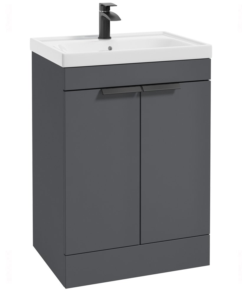 STOCKHOLM MIDNIGHT GREY MATT 60CM 2 DOOR FLOOR STANDING VANITY UNIT - MATT BLACK HANDLE