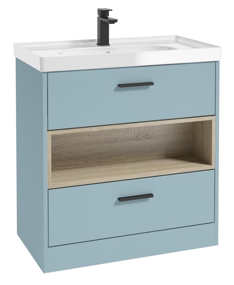 MALMO 80CM TWO DRAWER FLOOR STANDING MORNING SKY BLUE MATT VANITY UNIT GLOSS BASIN - MATT BLACK HANDLE