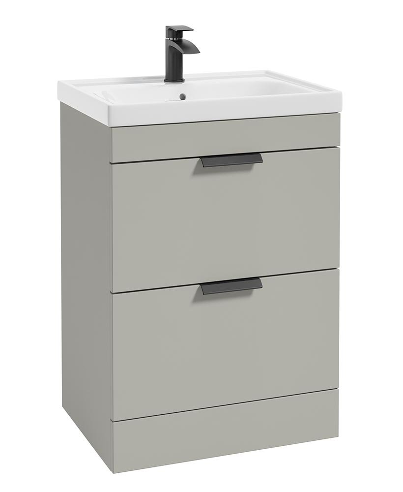 STOCKHOLM ARCTIC GREY MATT 60CM 2 DRAWER FLOOR STANDING VANITY UNIT - MATT BLACK HANDLE