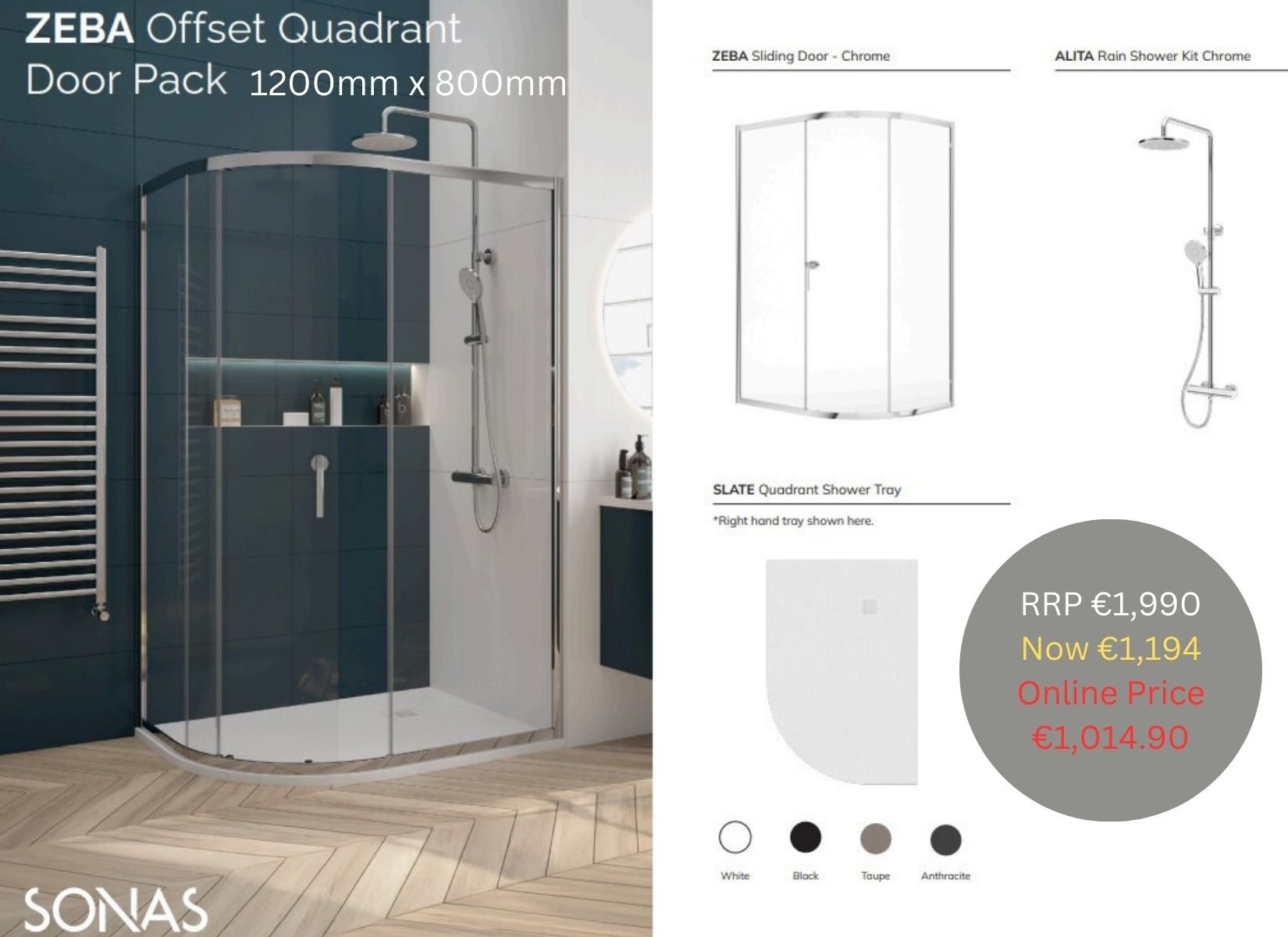 ZEBA OFFSET QUADRANT PACK 800X1200 OFFSET QUAD R/H WHITE & SHOWER