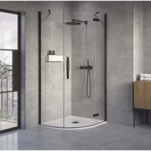 ORO HINGED QUADRANT DOOR  800X1200MM LEFT HAND MATT BLACK WITH CLEAR GLASS COMPLETE